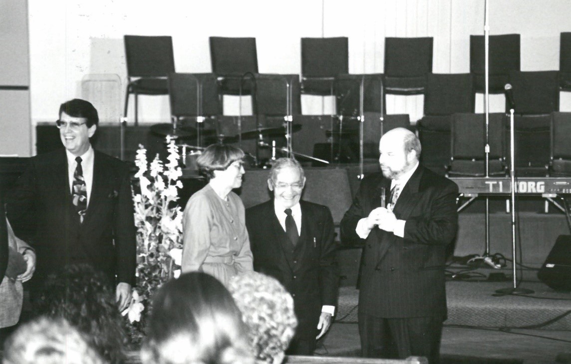 Dennis Phillips, Chira and Louis Kaplan, and Jonathan Bernis at the Jewish Voice Broadcasts 30th anniversary celebration. January 1997.