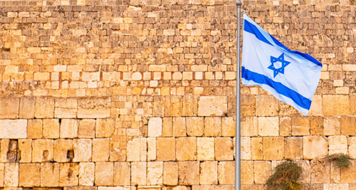 Image of Israeli flag next to Western wall